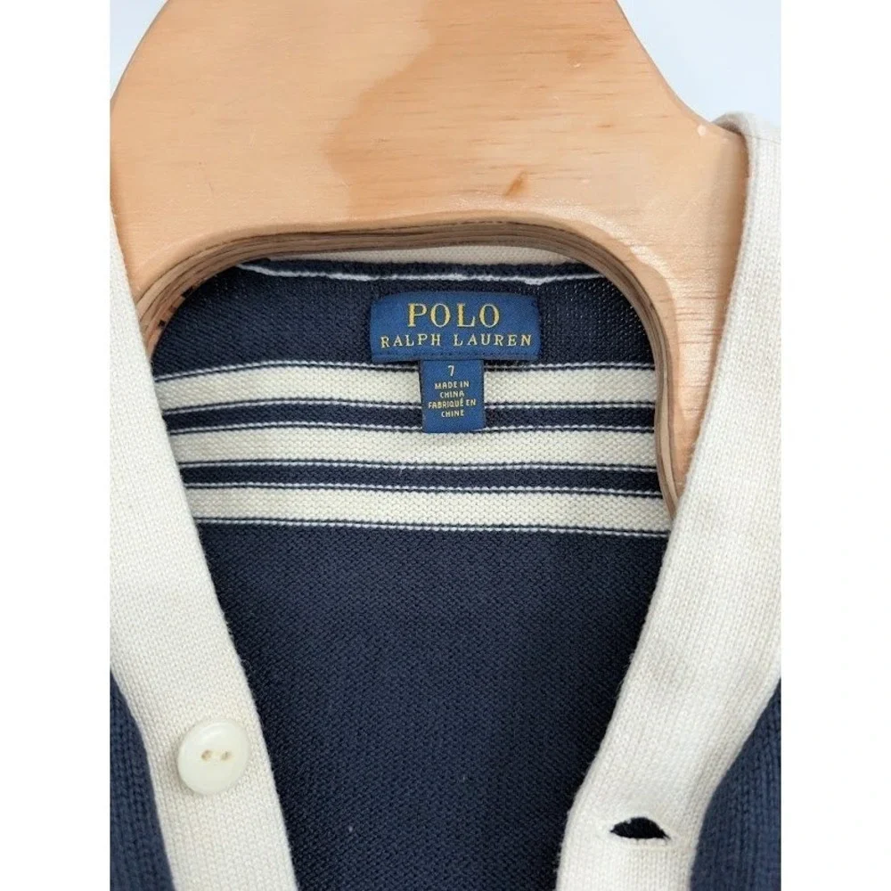 Boy's Polo‎ Ralph Lauren V-Neck Cotton Letterman Cardigan Blue White Trim sz 7